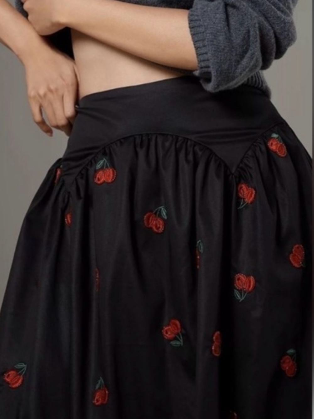Avec Les Filles Black Cherry-Embroidered Full Skirt - Picture 11 of 12